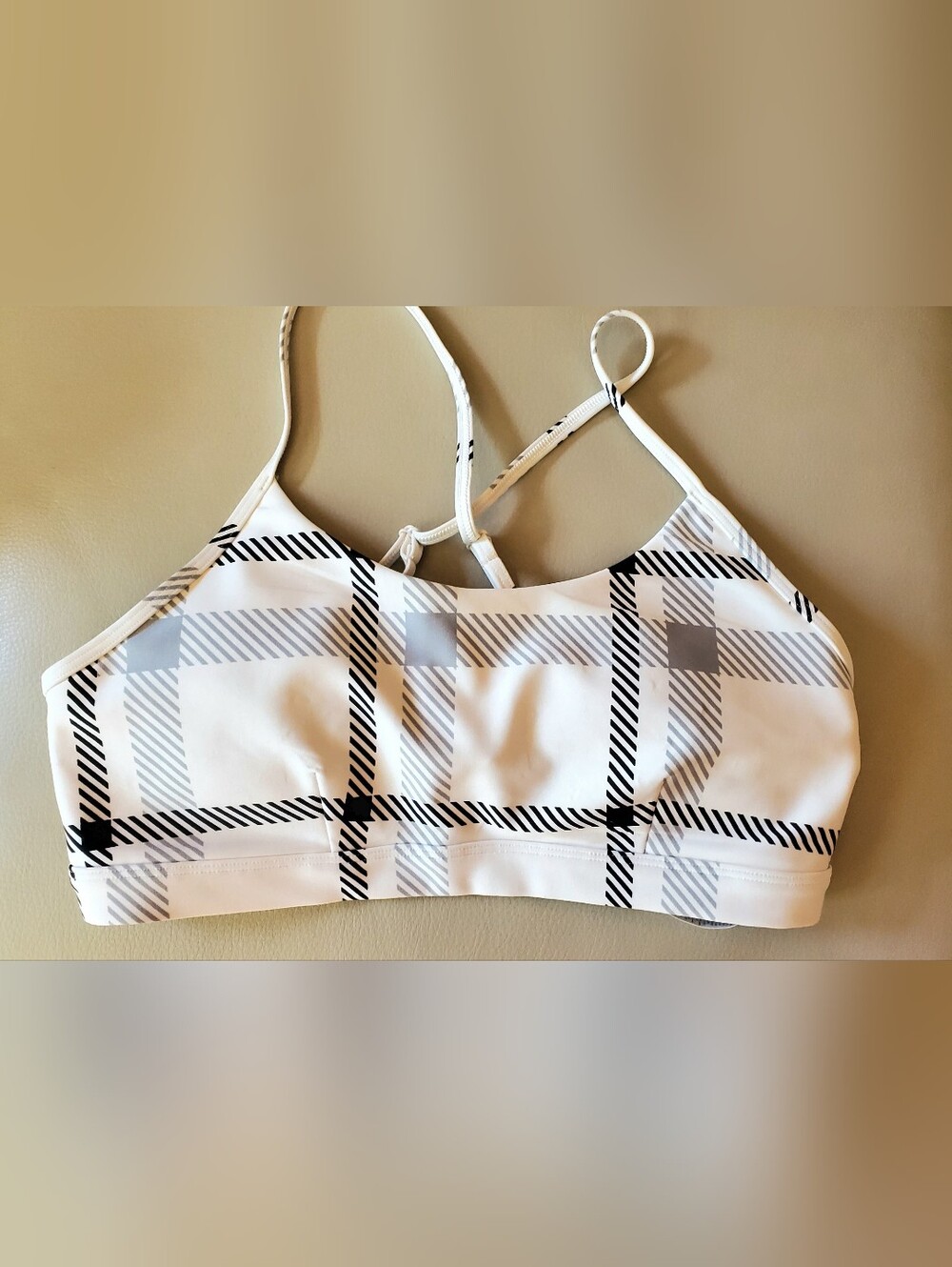 ALO Yoga White Sports Bra with Black & Gray Plaid